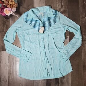 NWT Roper Blue Sequin Pearl Snap Button Down Shirt Women's Size XL